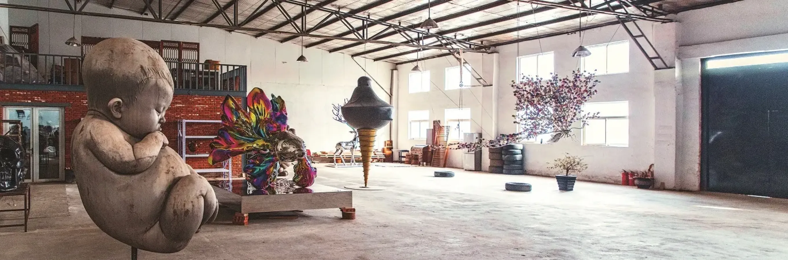 Large pieces of artwork by Gao Xiao Wu in his Beijing studio.