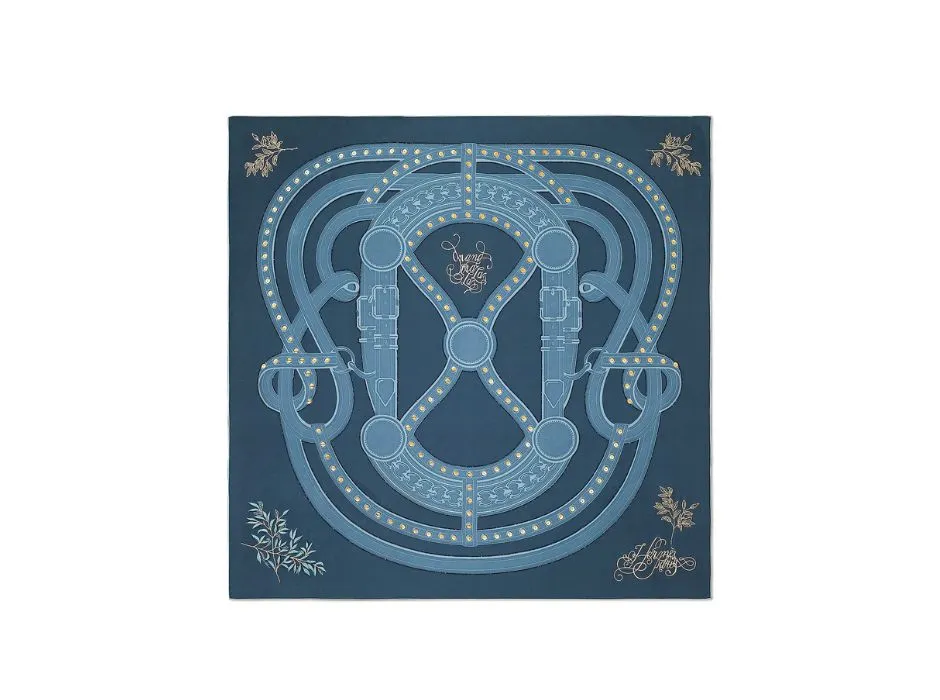 The elegance and craftsmanship of a Hermès scarf is unmatched, and the Cloute Grand Tralala Medaillon Embroidered scarf 90 is an exquisite expression of the mastery of this venerated, luxury house. Made of silk twill and embellished with gold-plated metal sequins, the Virginie Jamin designed scarf is hand-embroidered – a task that takes over 75 hours to complete.